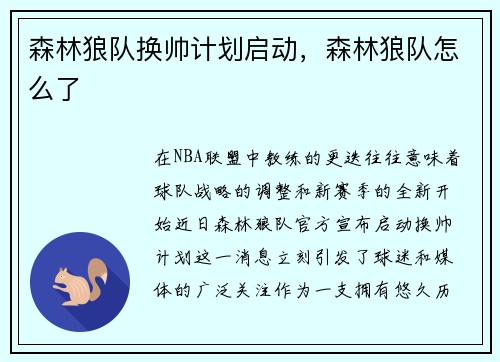 森林狼队换帅计划启动,森林狼队怎么了