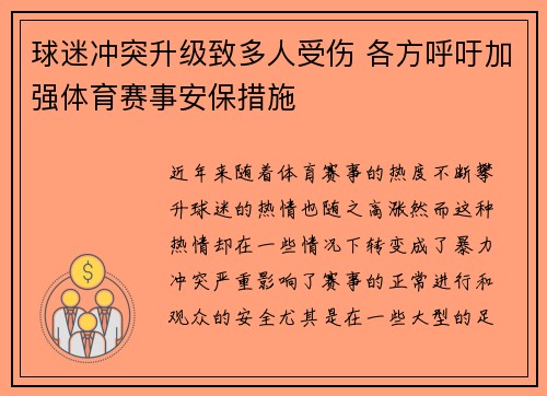 球迷冲突升级致多人受伤 各方呼吁加强体育赛事安保措施