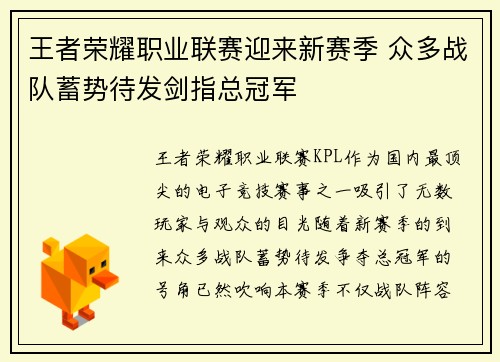 王者荣耀职业联赛迎来新赛季 众多战队蓄势待发剑指总冠军